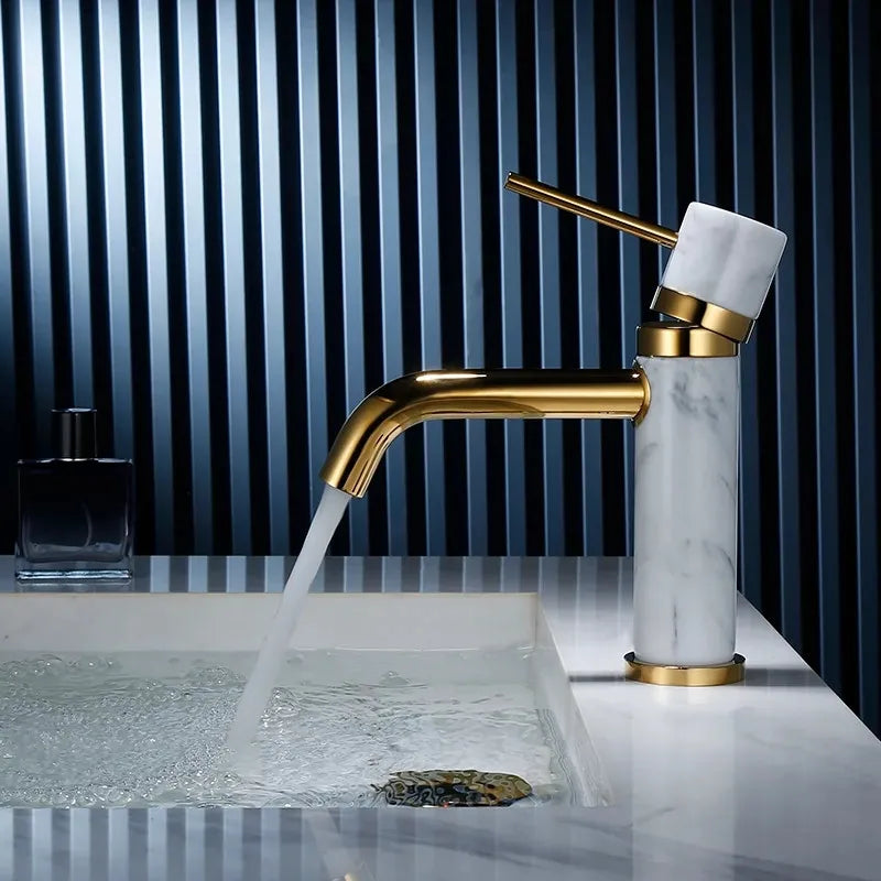 Afralia™ Brushed Gold Bathroom Faucet with Swivel Spout and Marble Accents