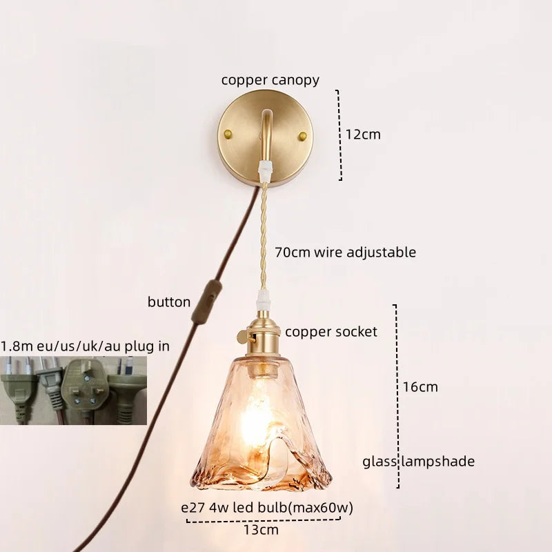 Afralia™ Copper Glass LED Wall Sconce Vintage Style Interior Light