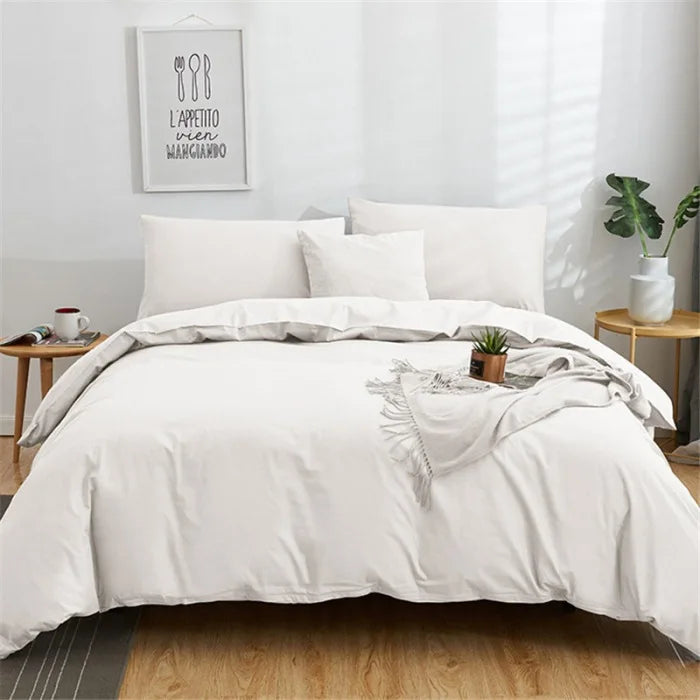 Afralia™ Cotton 4pcs Bedding Set Double Queen Solid Color Duvet Cover Flat Bed Sheet