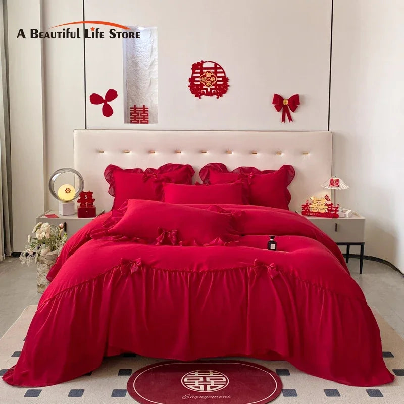 Romantic Lace Ruffles Bedding Set by Afralia™: Duvet, Sheet, Pillowcase, Princess Wedding Theme