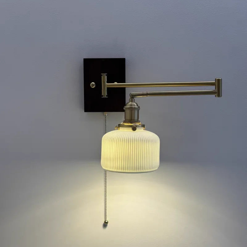 Afralia™ Wood Swing Arm LED Wall Lamp with Rotatable Shade & Pull Chain Switch