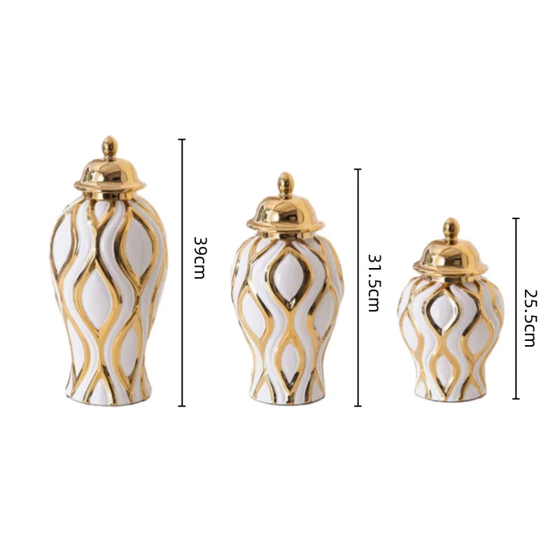 Afralia™ Geometric Pattern Golden Porcelain Ginger Jar Vase - Home Decoration Ceramic Craft Ornament