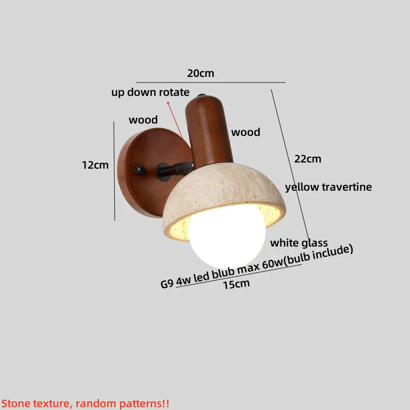 Afralia™ Yellow Travertine Stone Natural Wood LED Wall Light Bedside Lamp