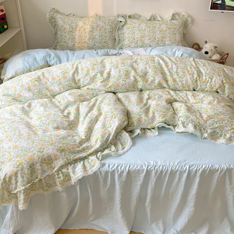 Afralia™ Korean Lace Ruffles Bedding Set with Bed Skirt, Soft Skin-Friendly Material
