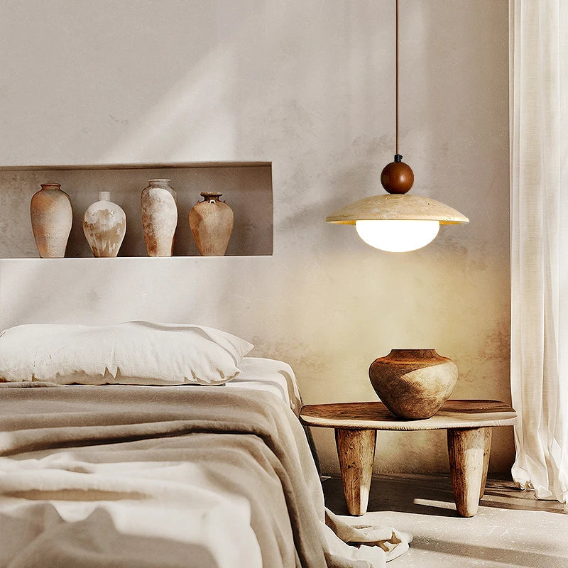 Afralia™ Globe LED Pendant Light Yellow Travertine Stone White Glass Adjust Hang Lamp