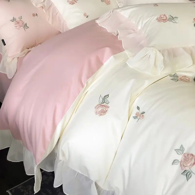 Afralia™ Rose Flowers Cotton Lace Ruffles Wedding Bedding Set