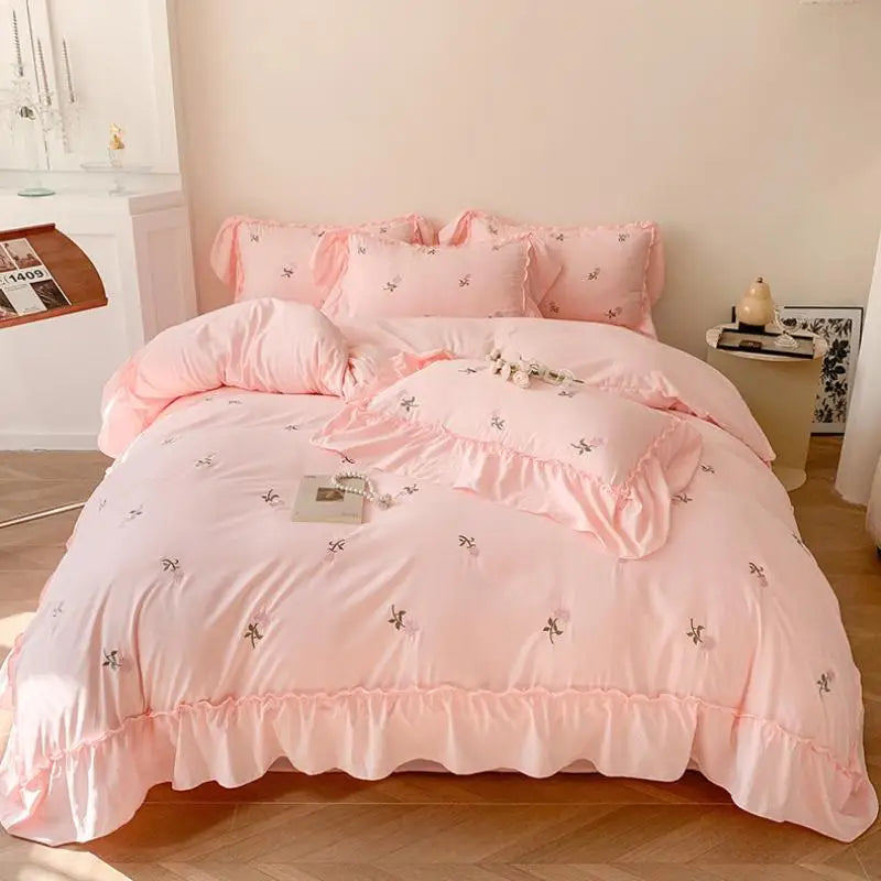 Afralia™ Rose Embroidered Princess Style Lace Bedding Set