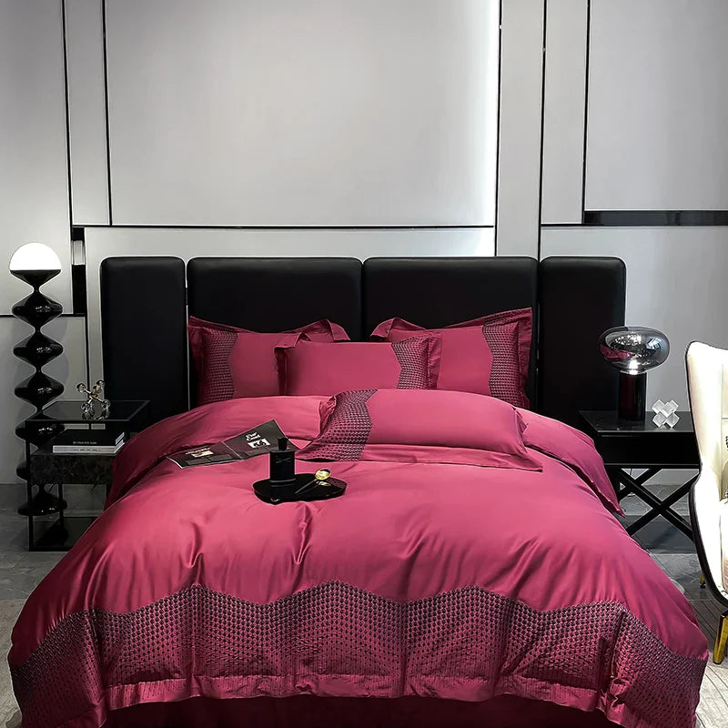 Afralia™ 1000TC Cotton Embroidery Luxury Bedding Set in Blue White Champagne