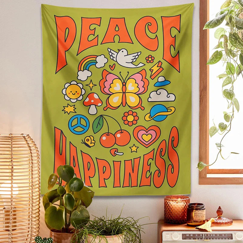 Afralia™ Hippie Trippy Tapestry: Flower Peace Happiness Butterfly Rainbow Sun Wall Decor