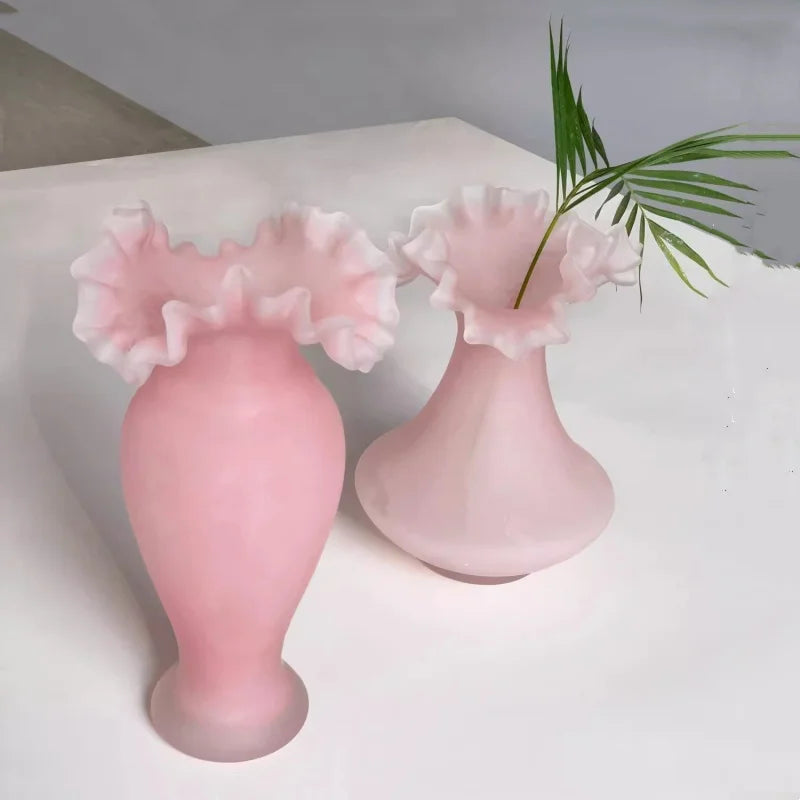 Afralia™ Pink Glass Vase Wave Fold Frosted Vase Floral Arrangement Terrarium Decoration