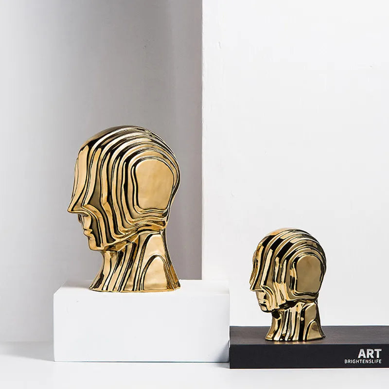 Afralia™ Geometric Ceramic Head Sculpture | Golden Alien Figurine