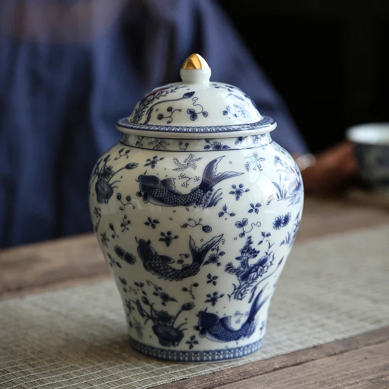 Afralia™ Blue & White Porcelain General Jar: Vintage Ceramic Storage Tank for Home Decor