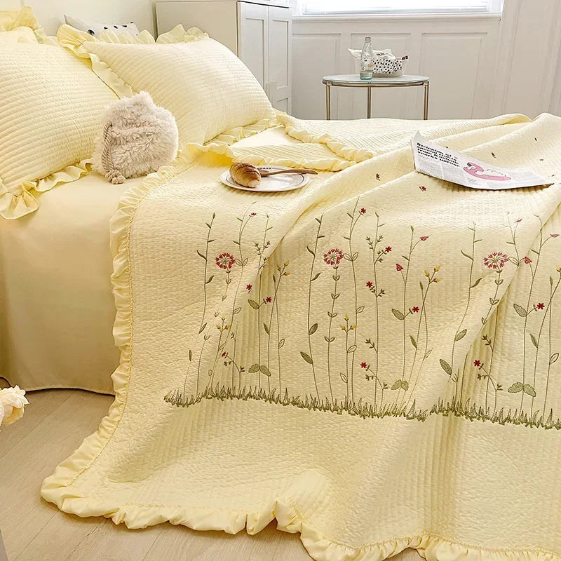 Afralia™ Fresh Flower Embroidered Summer Quilt Set - Lightweight Ruffled Comforter