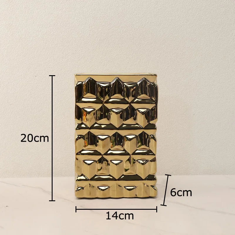 Afralia™ Golden Square Ceramic Vase with Artificial Flowers for Room Aesthetic Decor