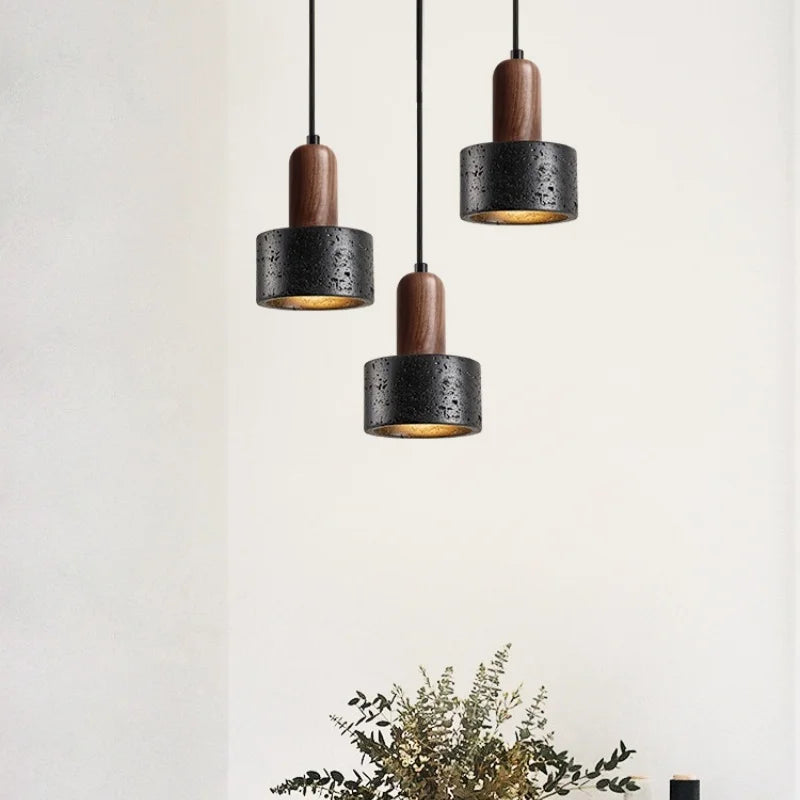 Afralia™ Nordic LED Pendant Lights Black Wood Travertine Hanging Lamp