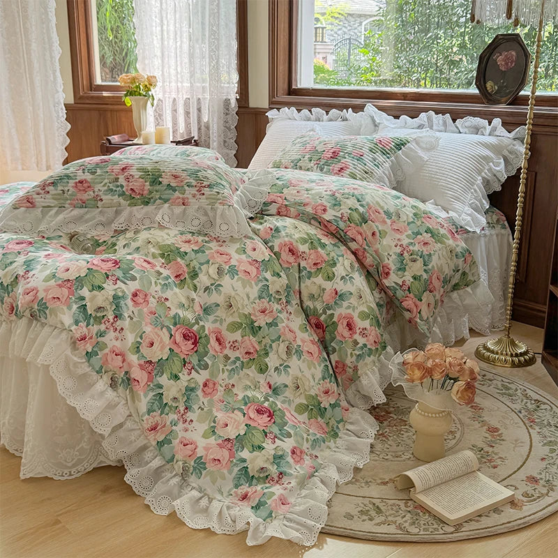 Afralia™ Floral Print Cotton Princess Bedding Set with Vintage Lace Details