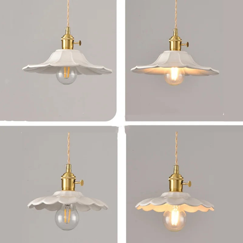 Afralia™ White Ceramic LED Pendant Lamp with Copper Switch - Flower Hanging Light