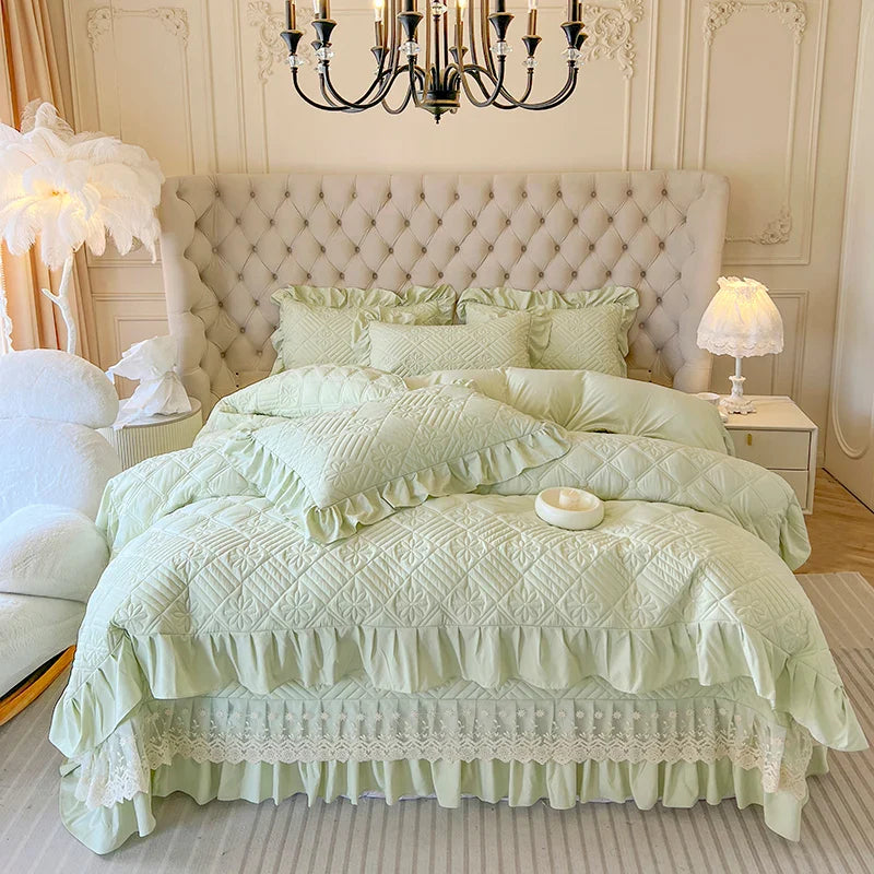 Afralia™ Korean Princess Style Quilted Bedding Set with Lace Ruffles 200x230cm