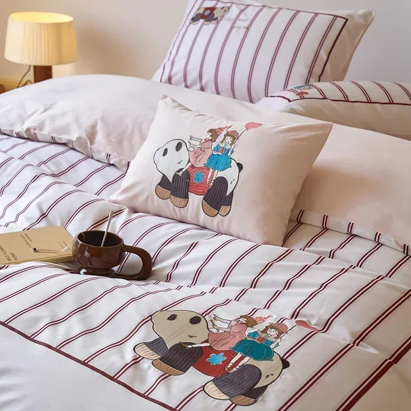 Afralia™ Luxury Embroidered Cotton Duvet Set with Sheet Quilt Pillowcases - Premium Bedding