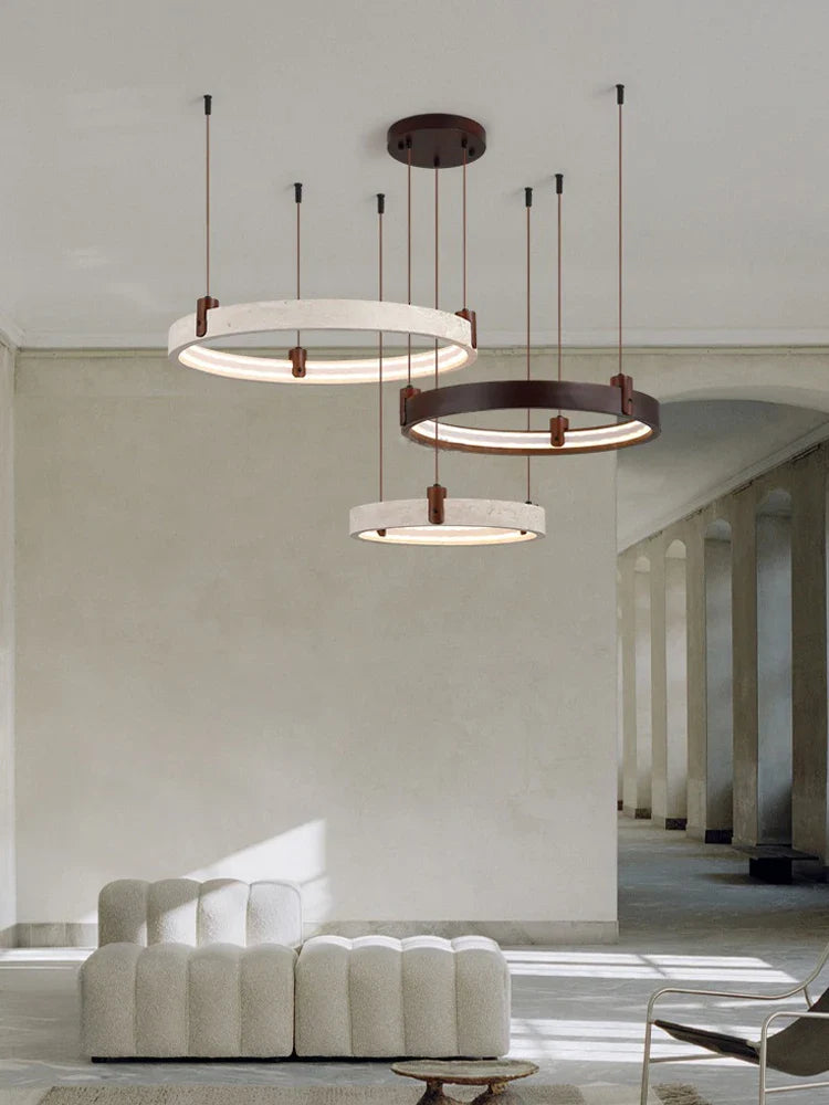 Afralia™ Stone Wood Ring LED Chandelier Pendant Light for Living Room