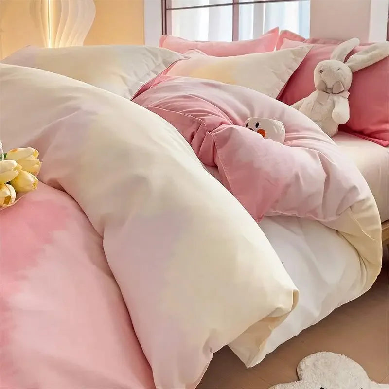 Afralia™ Twill Fabric Bed Sheet Set: Double-Sided Color Blocking, Flower Print Quilt Cover