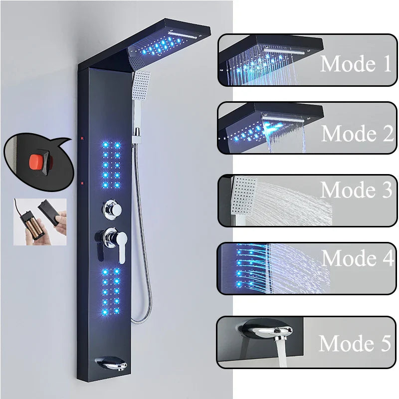 Afralia™ Black LED Shower Faucet Panel with Waterfall Rain System & Massage Spa Spout