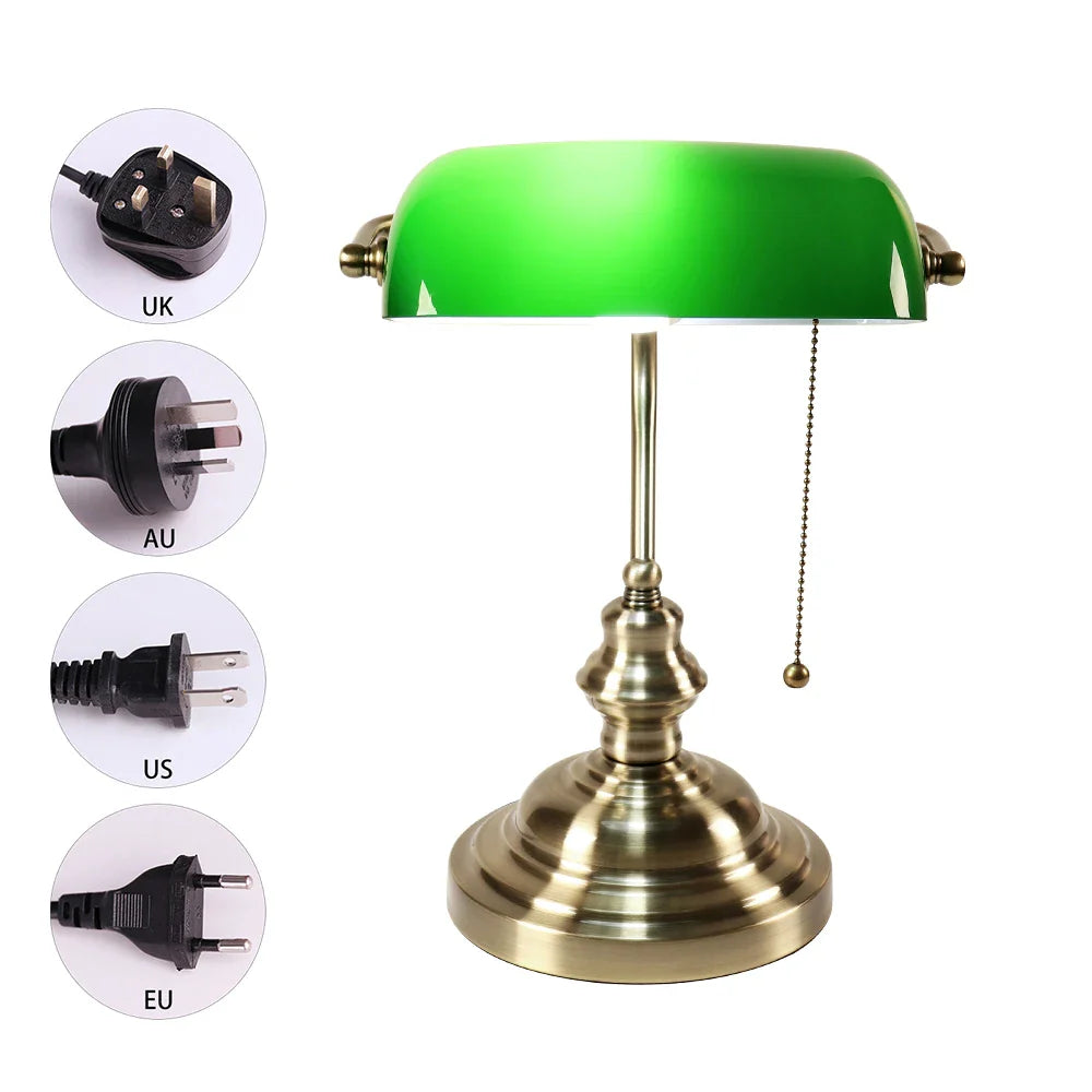 Afralia™ Vintage Green Glass Banker Table Lamp with Switch for Bedroom and Study