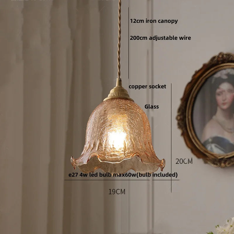 Afralia™ Amber Glass LED Pendant Lamp Walnut Wood Copper Hanging Light