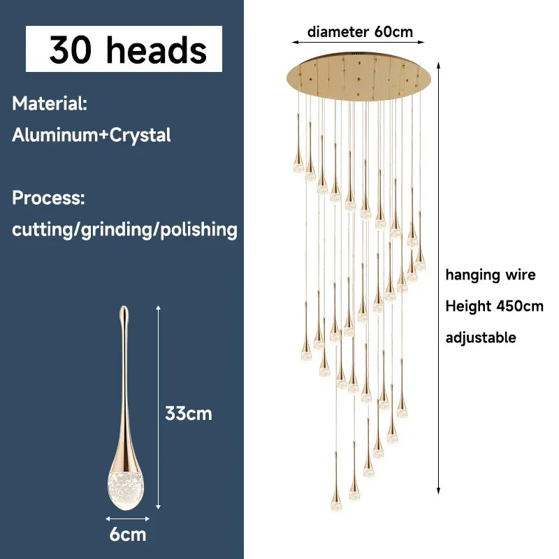 Afralia™ Gold Crystal Chandelier Pendant Light, Modern Minimalist Loft Staircase Fixture