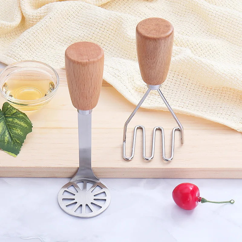 Afralia™ Stainless Steel Wooden Handle Potato Masher & Food Crusher - Multifunction Kitchen Tool