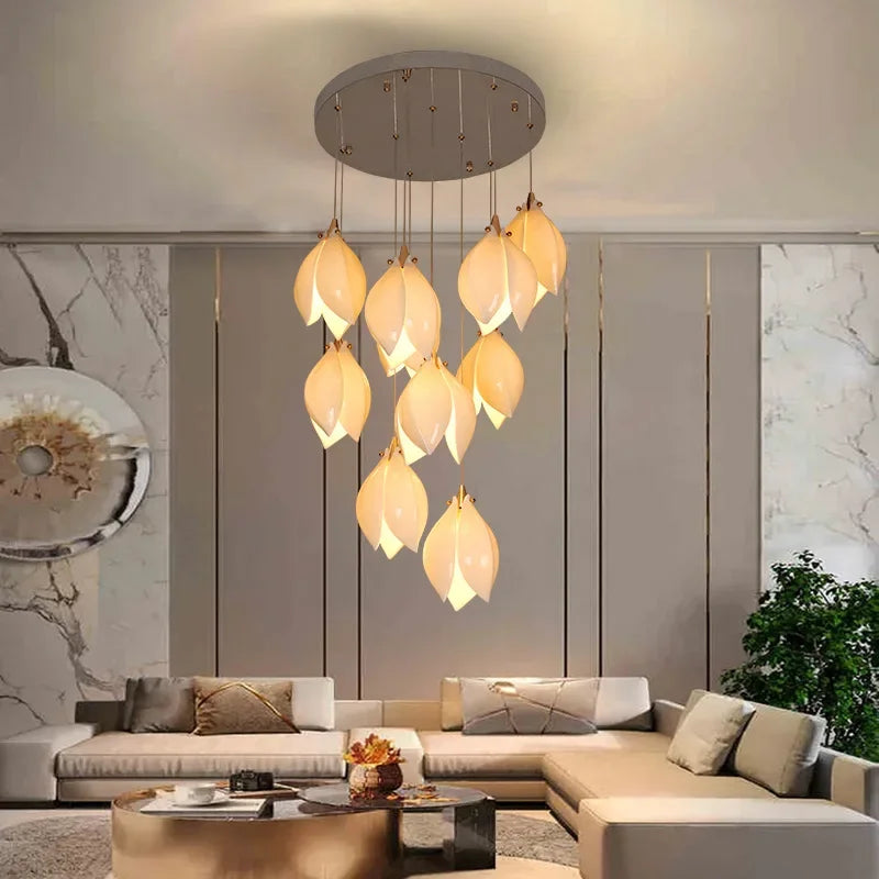 Afralia™ Magnolia Ceramic LED Chandelier for Duplex Living Room and Dining Room