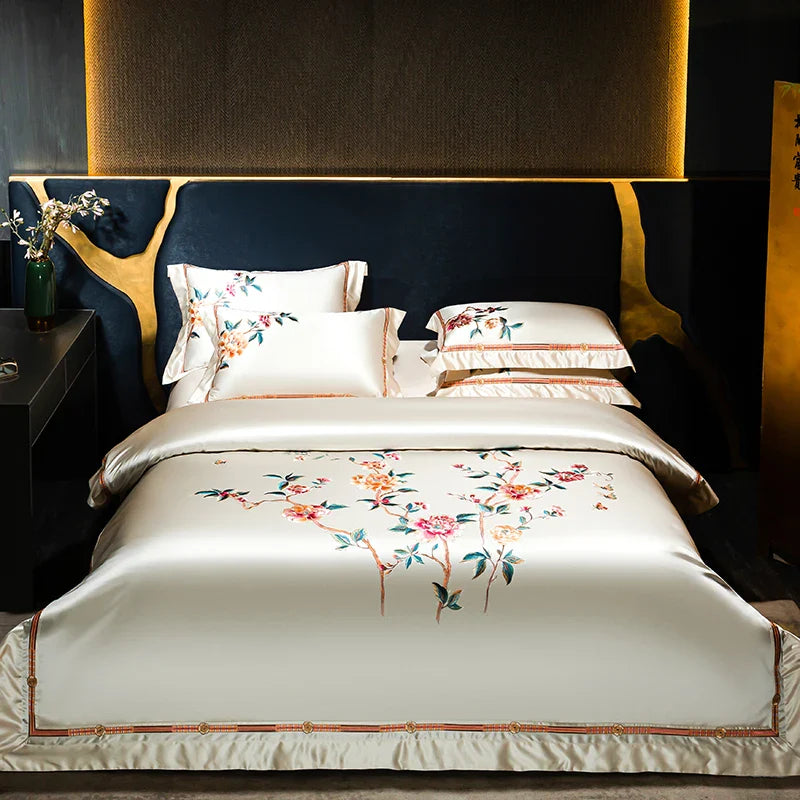 Afralia™ Peony Embroidery Luxury 1200TC Egyptian Cotton Bedding Set
