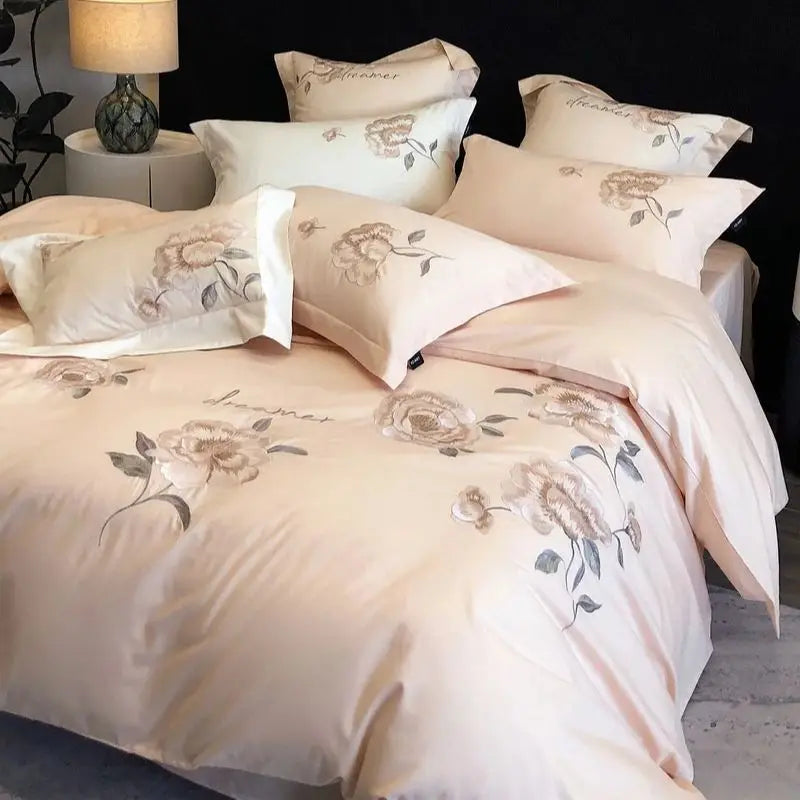 Afralia™ Flowers Embroidery Cotton Bedding Set Duvet Cover Flat Sheet Pillowcases 4Pcs