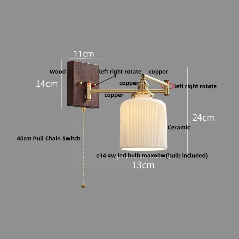 Afralia™ Wood Swing Arm LED Wall Lamp with Rotatable Shade & Pull Chain Switch