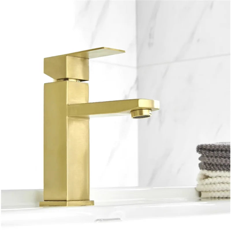 Afralia™ Brushed Gold Black Stainless Steel Bathroom Faucet Hot Cold Basin Tap Sink Mixer