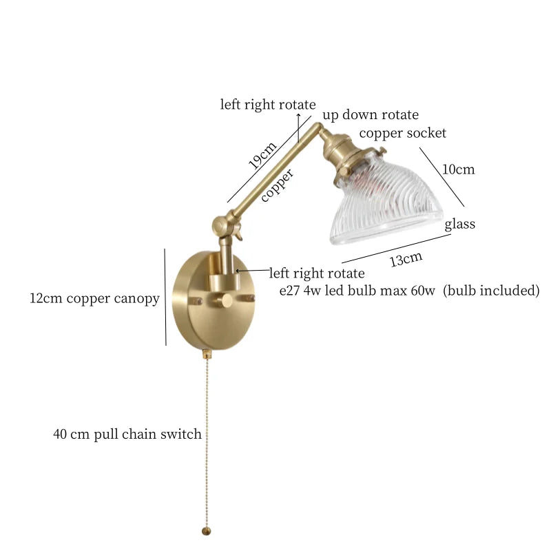 Afralia™ Vintage Brass Glass LED Wall Light with Pull Chain, Left Right Rotate Mirror Design
