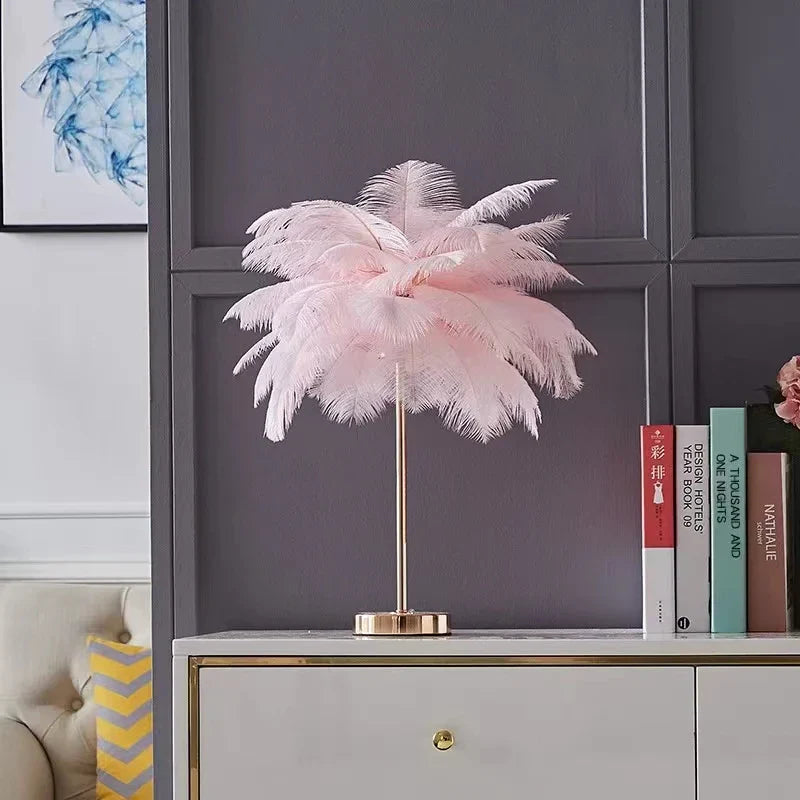 Afralia™ Nordic Feather Tree Lamp: Pink White Ostrich Feather Bedside Table Lamps