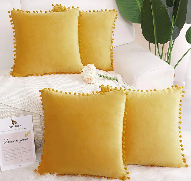 Afralia™ Velvet Cushion Cover with Pompon - Solid Color Plush Sofa Pillowcase