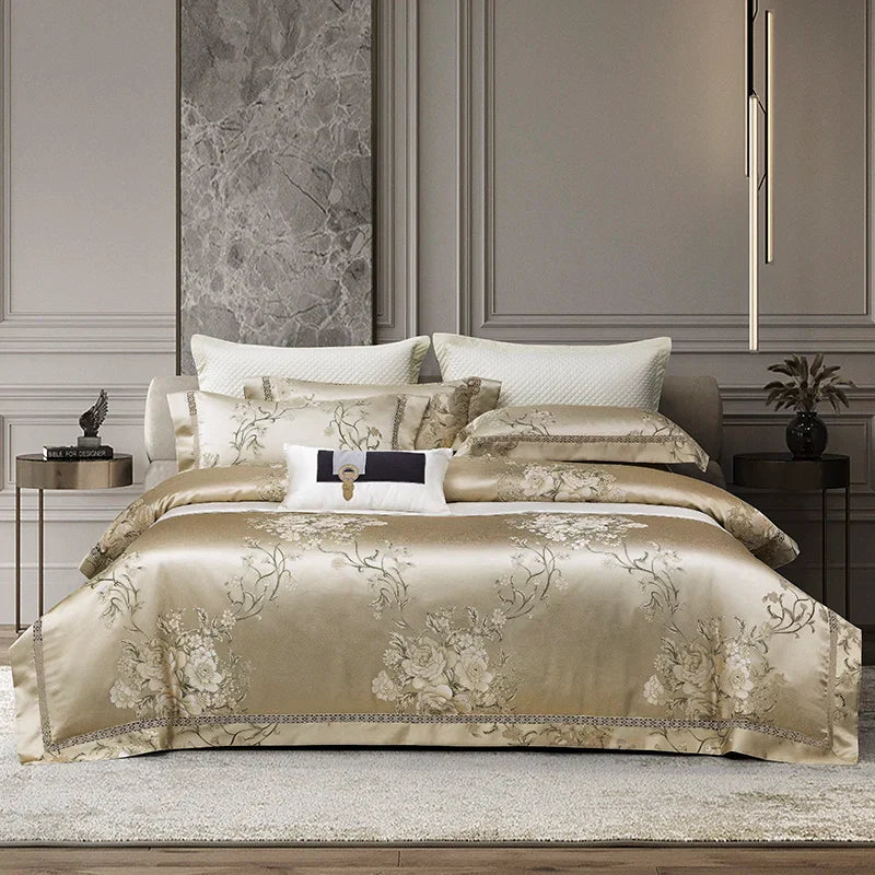 Afralia™ Peony Flowers Satin Jacquard Bedding Set, Luxurious Egyptian Cotton, Soft & Silky Quality