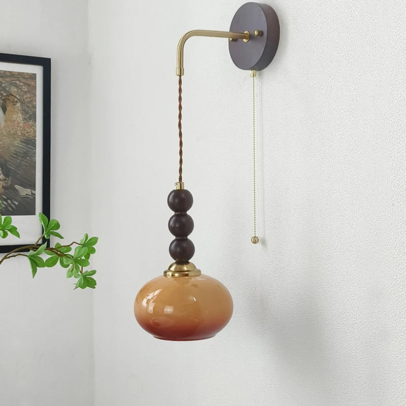 Afralia™ Vintage Wood Ball LED Wall Sconce Amber Glass Wall Light Fixture