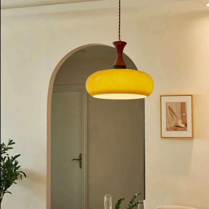 Afralia™ Vintage Amber LED Pendant Light Fixture Wood Glass Loft Adjustable Hang Lamp