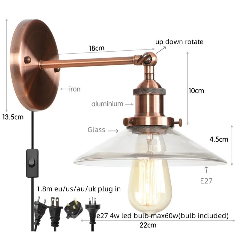 Afralia™ Vintage Industrial LED Wall Sconce with Clear Glass, Artistic Light Fixture