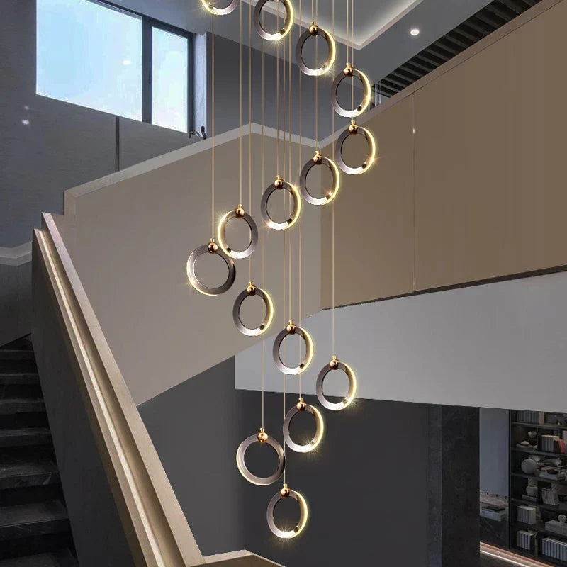 Afralia™ Aluminum LED Chandelier Crystal Round Hanging Lamps Luxury Staircase Lighting Fixtures