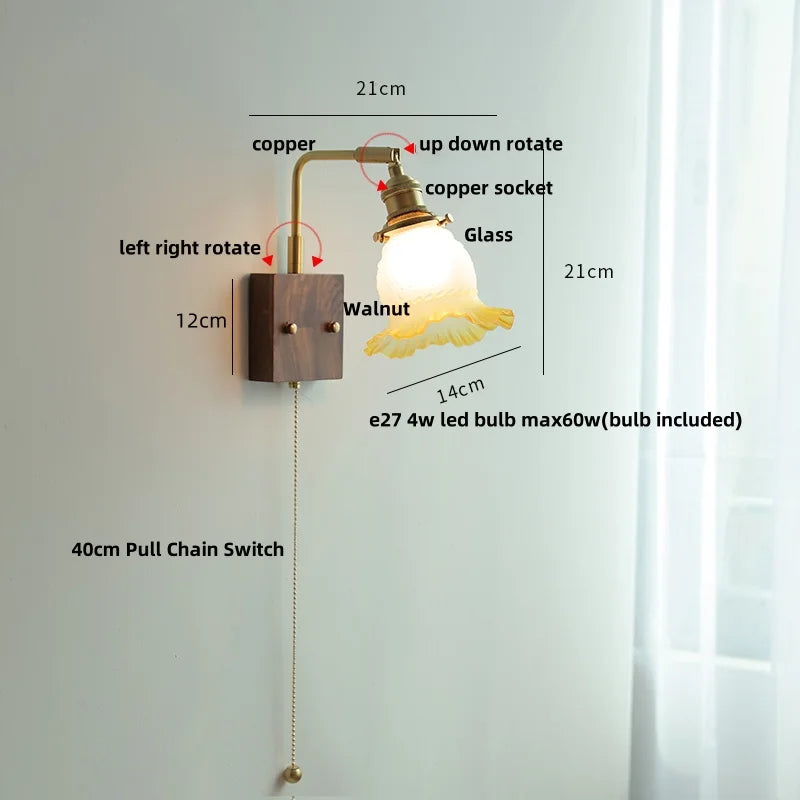 Afralia™ Glass Pink LED Wall Sconce, Pull Chain Switch, Walnut Wood Bedside Lamp