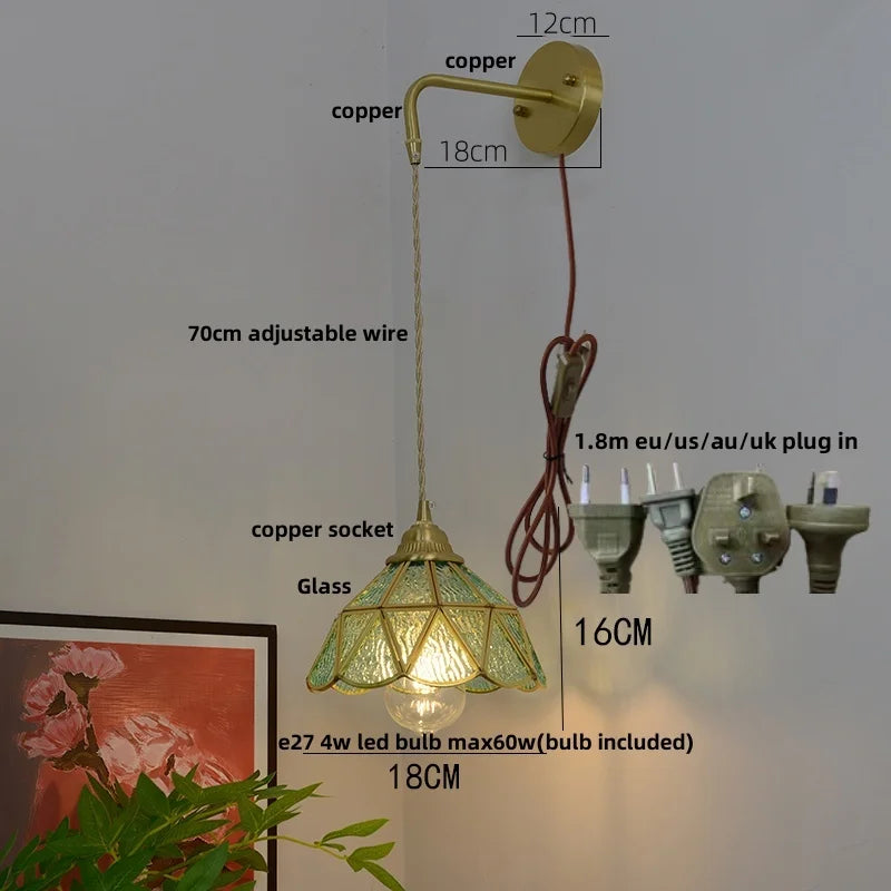Afralia™ Glass Brass LED Wall Sconce Pull Chain Switch Vintage Vanity Light