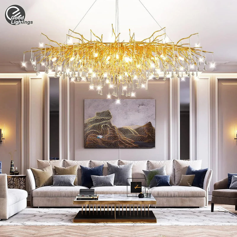 Afralia™ Gold Nordic Crystal Chandelier - Long Branch Teardrop Design