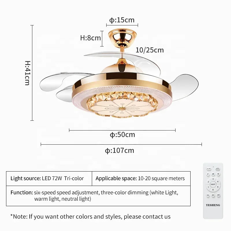 Afralia™ Crystal Invisible Fan Lamp 42-Inch European Living Room Ceiling Fan Chandelier