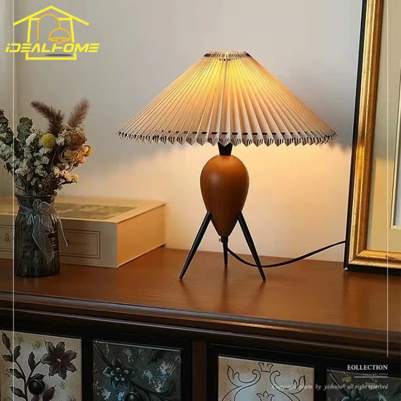 Afralia™ Bauhaus Pleated Wood Table Lamp LED E27 Solid Fabric Desk Light