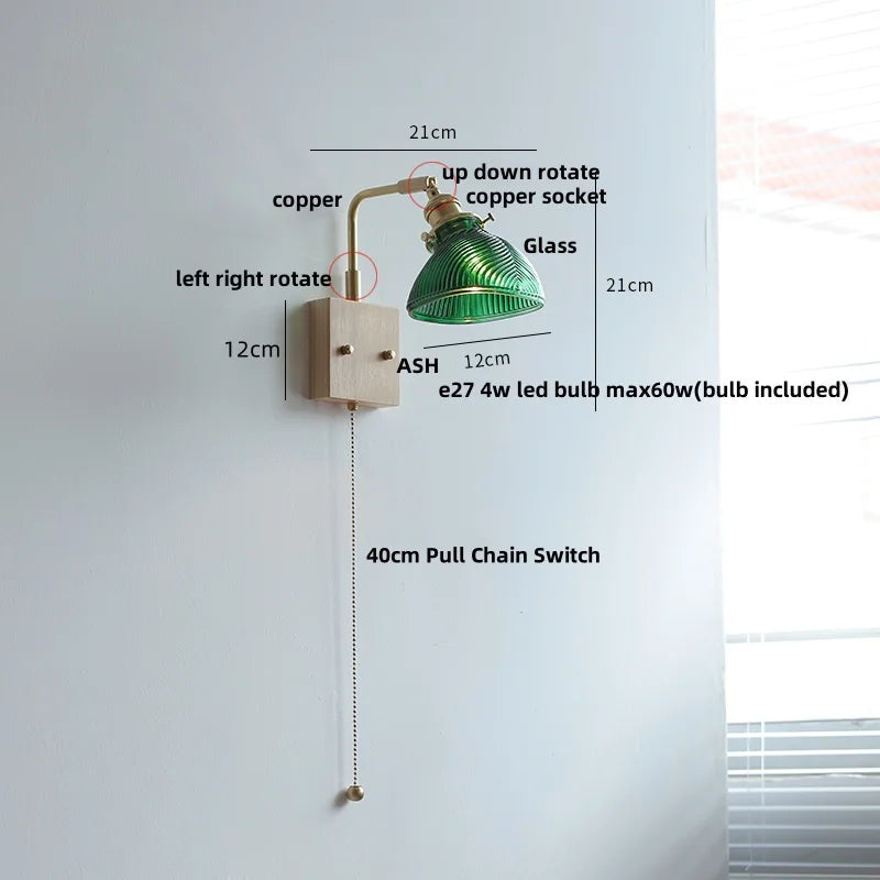Afralia™ Walnut Wood LED Wall Sconce with Glass Shade & Pull Chain Switch