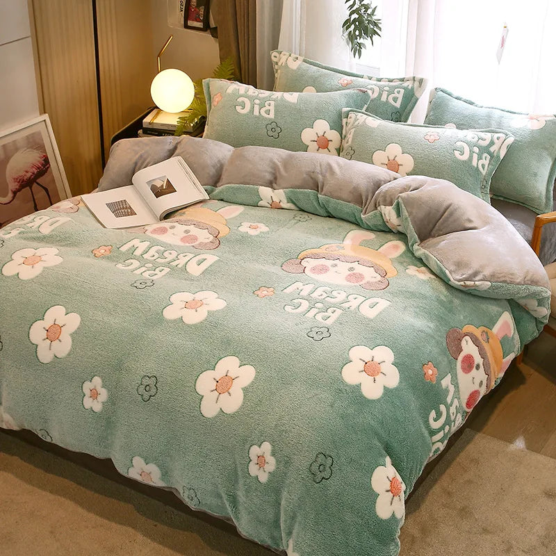 Afralia™ Flower Print Thicken Winter Warm Bedding Set with Sheet Pillowcases